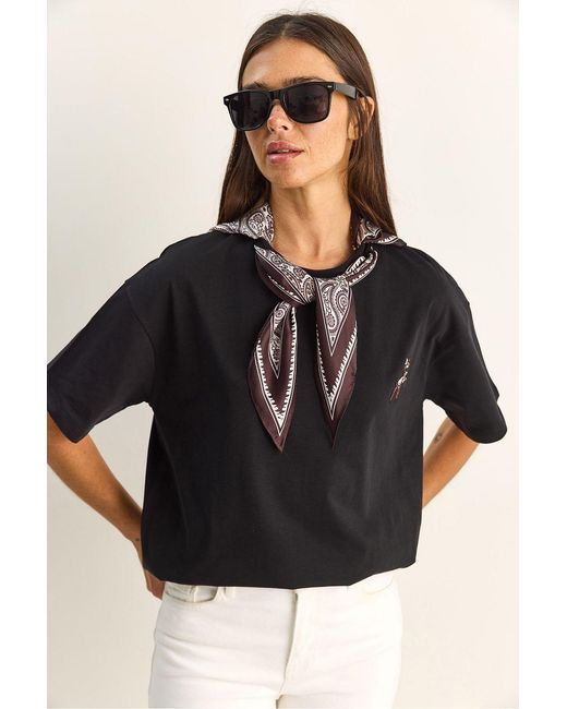 Bianco Lucci Black Loose Fit Crew Neck Embroidered T-Shirt