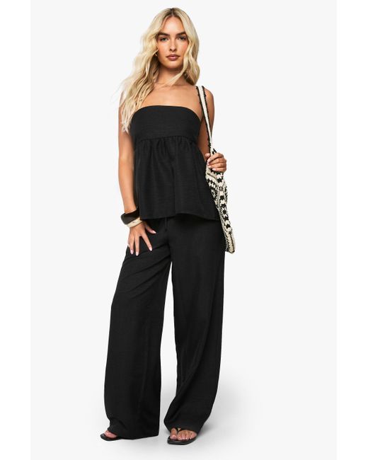 Boohoo Black Linen Look Ruched Seam Detail Bandeau