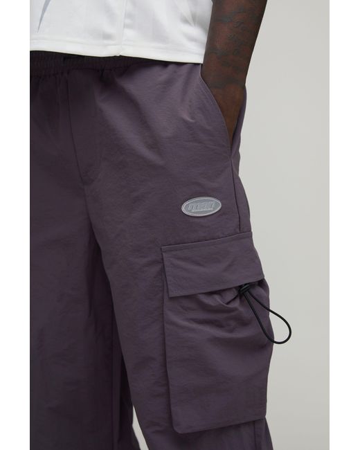 BoohooMAN Blue Ruched Flare Cargo Nylon Trousers for men