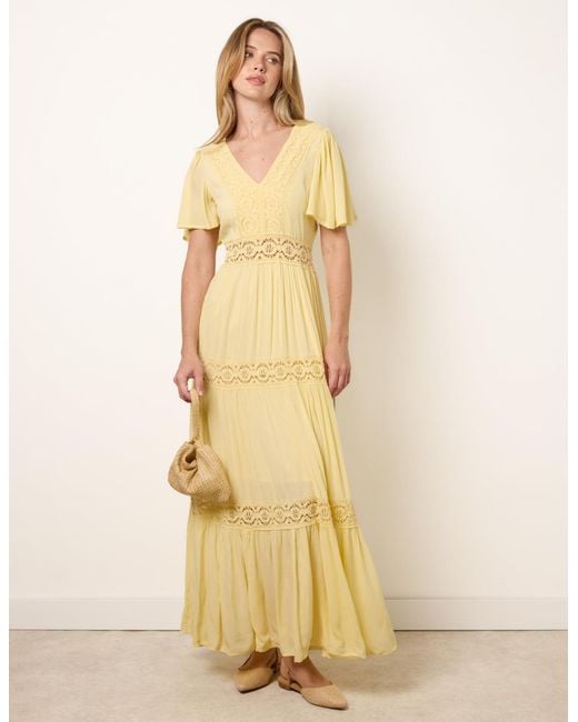 Blue Vanilla Natural V-Neck Tiered Crochet Detail Maxi Dress