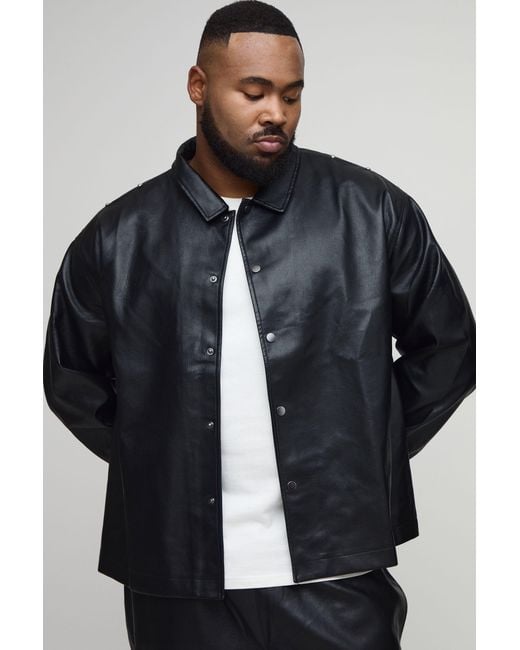 BoohooMAN Blue Plus Studded Leather Look Long Sleeve Overshirt for men