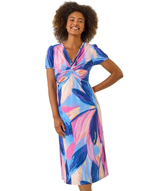 Roman Blue Abstract Print Twist Front Midi Dress