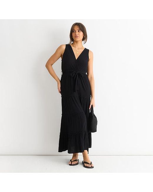 Gini London Black Viscose Wrap Tiered Maxi Dress