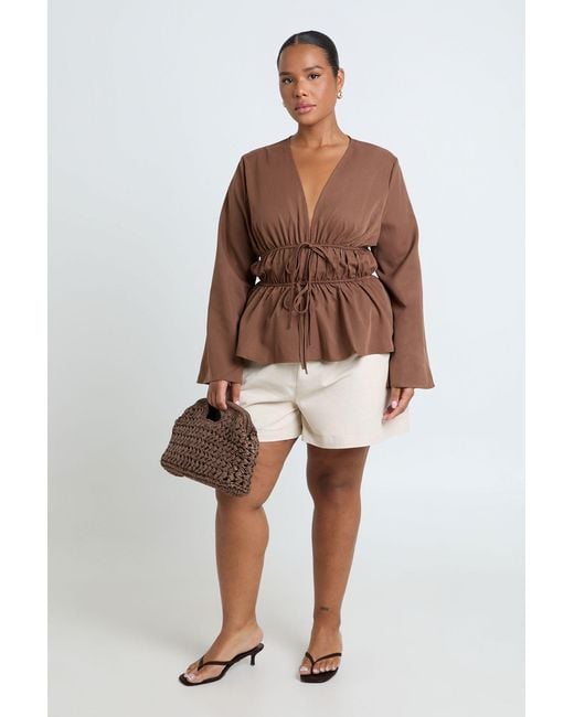 Boohoo Brown Plus Flared Sleeve Tie Front Ruched Waist Top