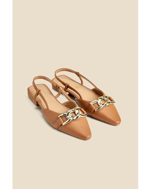 Sosandar Natural Tan Leather Pointed Toe Flat Slingback Shoe With Trim
