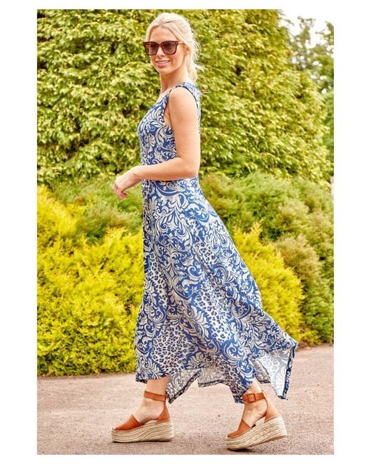 Roman Contrast Print Hanky Hem Midi Dress in Blue Lyst UK