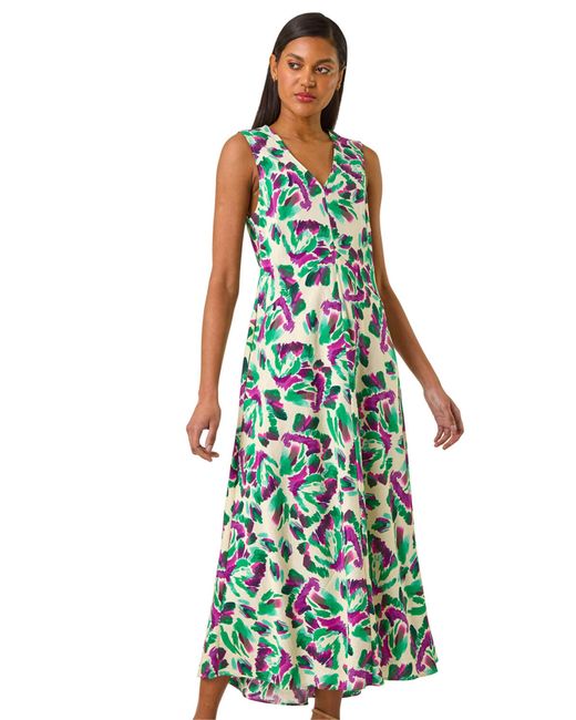 Roman Green Abstract Print Sleeveless Midi Dress
