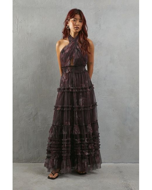 Warehouse Gray Tulle Floral Halter Shirred Waist Tier Maxi Dress