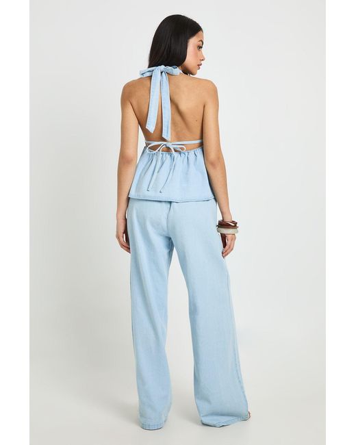 Boohoo Blue Chambray Halterneck Swing Top