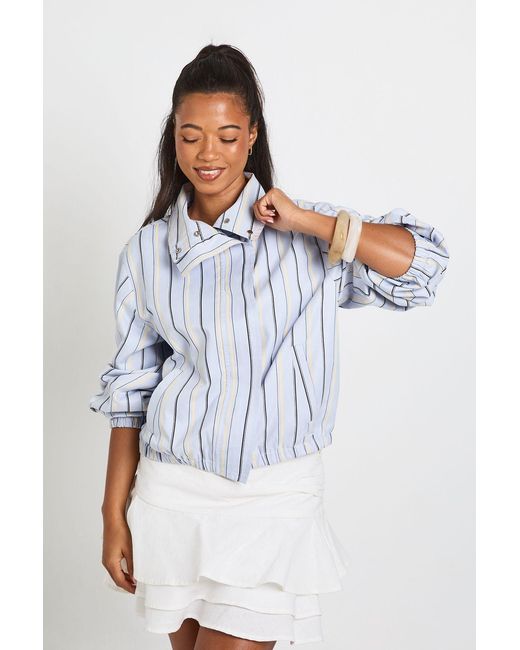 Boohoo Blue Funnel Neck Stripe Elasticated Waist Jacket