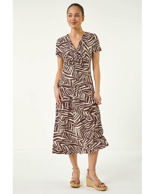 Roman Brown Petite Zebra Print Knot Midi Dress