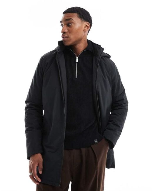 French Connection Black Lined Mac Jacket With Hood for men