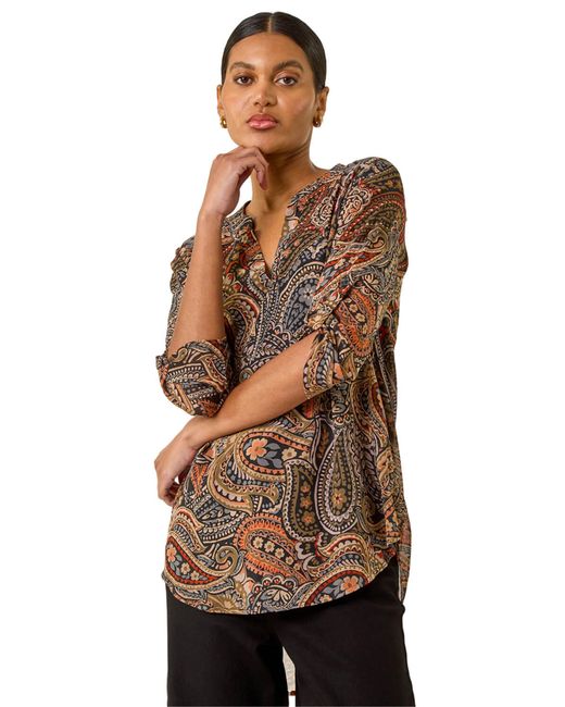 Roman Orange Paisley Print V-Neck Chiffon Top