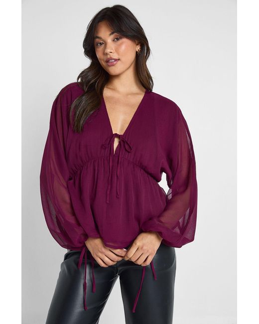 Boohoo Purple Chiffon Tie Front Volume Blouse