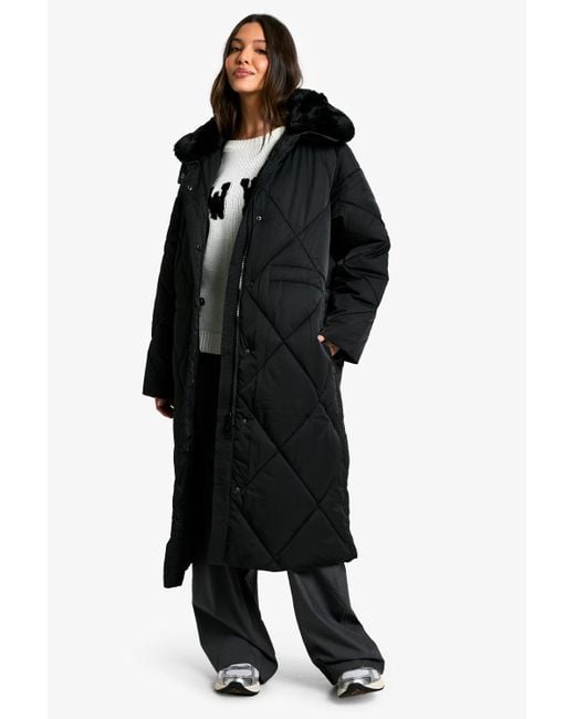 Boohoo Black Premium Faux Fur Trim Quilted Maxi Parka