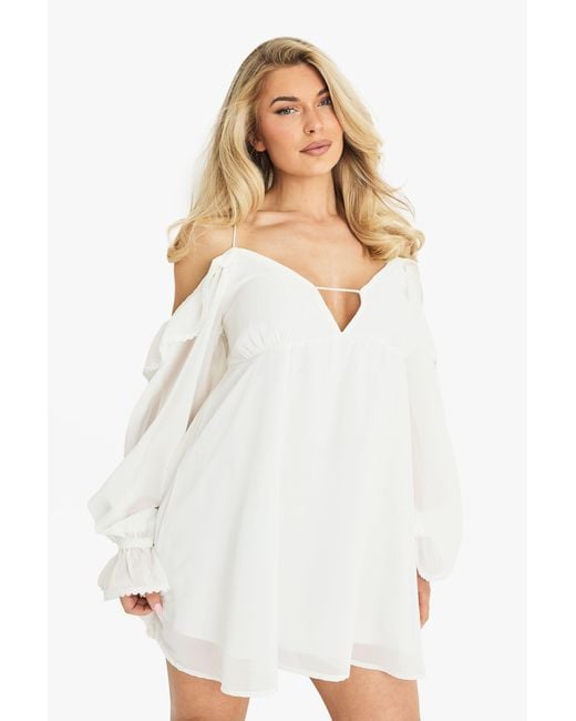 Boohoo White Chiffon Cold Shoulder Layered Mini Dress