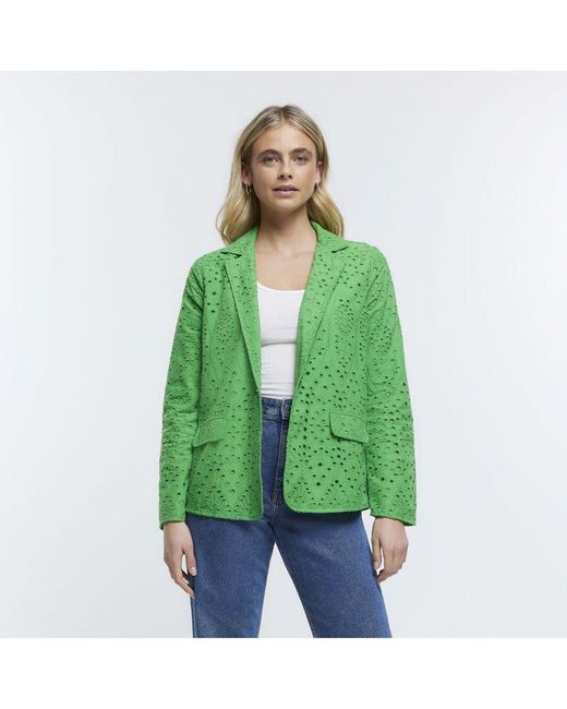 River Island Blazer Green Lined Broderie Collared Cotton