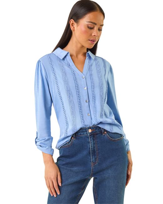 Roman Blue Petite Cotton Lace Trim Blouse