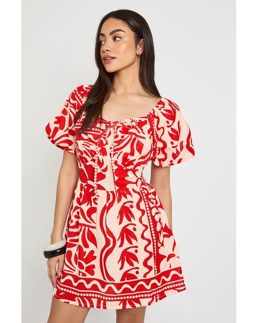 Boohoo Red Floral Print Linen Look Volume Sleeve Mini Dress