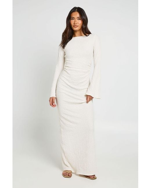 Boohoo White Textured Open Back Flared Sleeve Maxi Dress