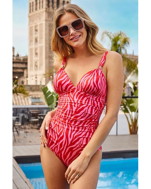 Sosandar Pink Zebra Print Ruched Detail Swimsuit With Polyamide