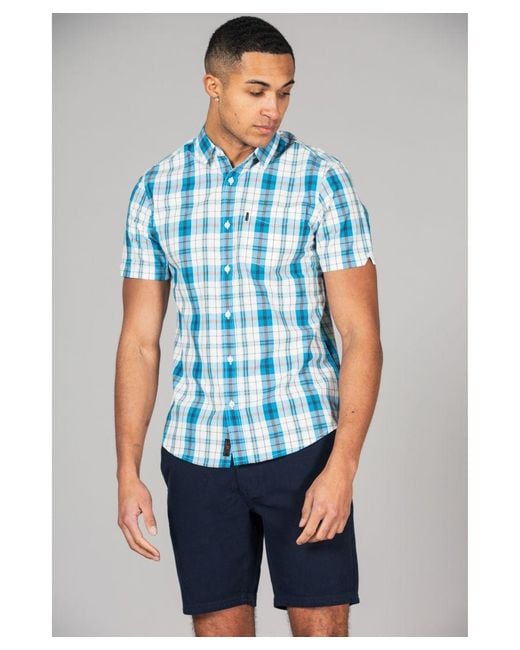 Tokyo Laundry Blue Cotton Short Sleeve Button-up Checked Shirt for men