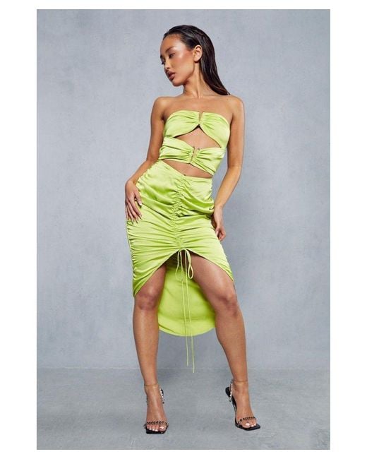 MissPap Green Satin Ruched V Bar Detail Cut Out Midi Dress