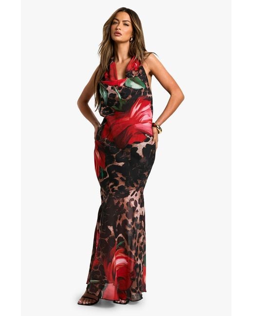 Boohoo Red Leopard Floral Mix Chiffon Halterneck Maxi Dress