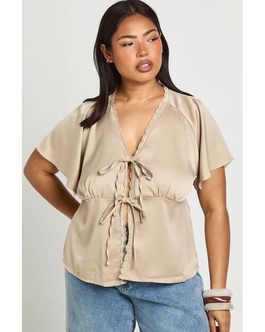Boohoo Natural Plus Satin Lace Trim Tie Front Short Sleeve Top
