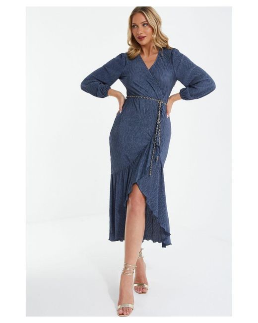 Quiz Blue Textured Long Sleeve Midi Dress