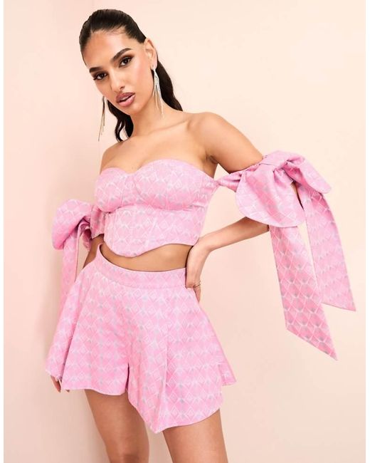 ASOS Pink Jacquard Co-Ord Bandeau Corsetted Top With Bow Tie Sleeves