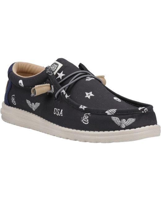 HeyDude Black Wally Stars N Skulls 100% Cotton Boat Shoes for men