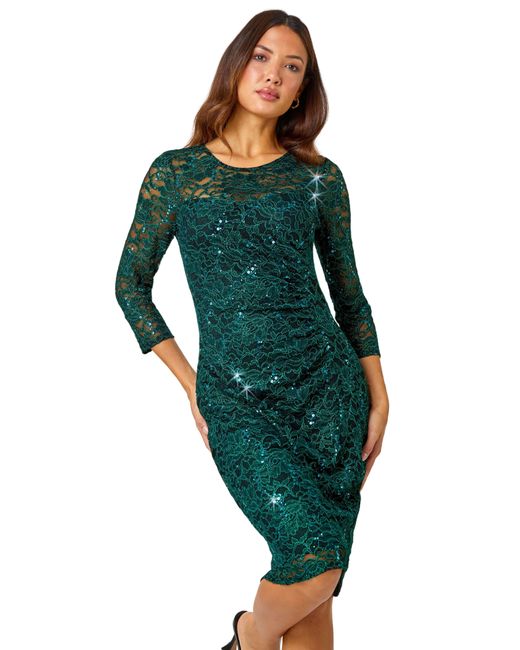 Roman Green Sequin Lace Ruched Stretch Dress