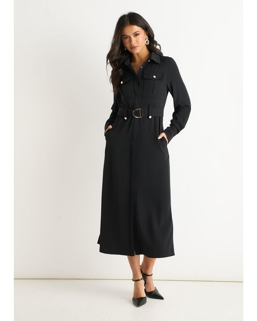 Gini London Black Luxe Button Utility Shirt Dress