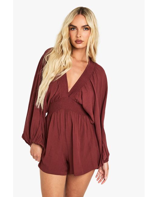 Boohoo Red Cheescloth Plunge Long Sleeve Playsuit