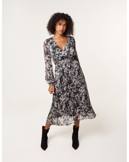 Blue Vanilla Black Printed Lurex Buckle Belted Midi Dress