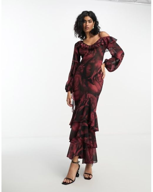 ASOS Red Sheer Ruffle Strap Maxi Dress