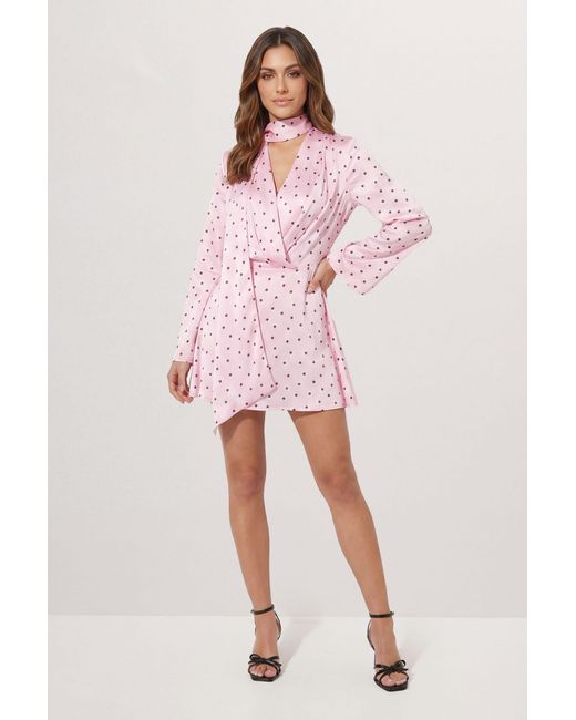 MissPap Pink Premium Spot Print Tie Neck Mini Dress