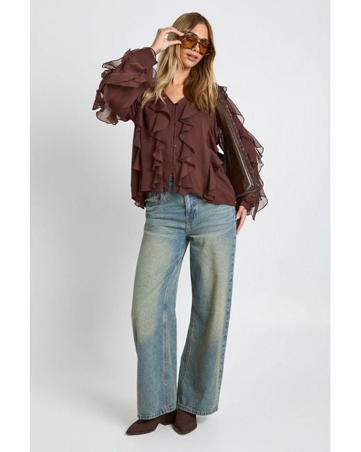 Boohoo Brown Ruffle Chiffon Blouse