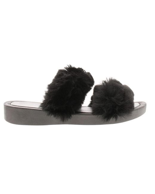Wynsors Black Fuax Fur Slidders Sandals Pansy Textile
