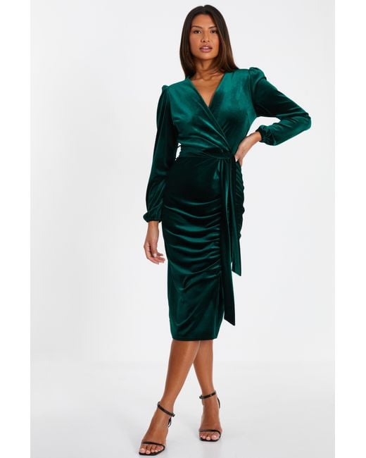 Quiz Green Bottle Velvet Ruched Midi Dress