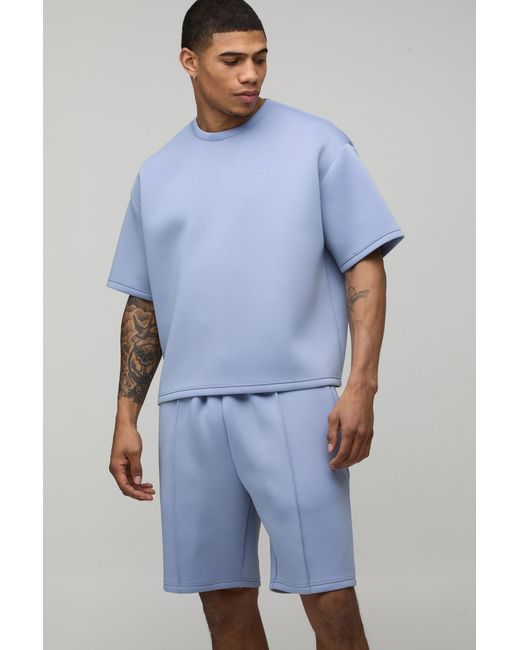 BoohooMAN Blue Regular Fit Bonded Scuba T-Shirt & Slim Pintuck Short Set for men