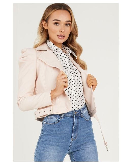Quiz Blue Pink Faux Leather Puff Sleeve Jacket