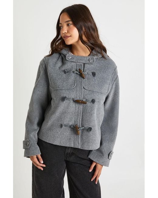 Boohoo Gray Hooded Toggle Wool Look Jacket