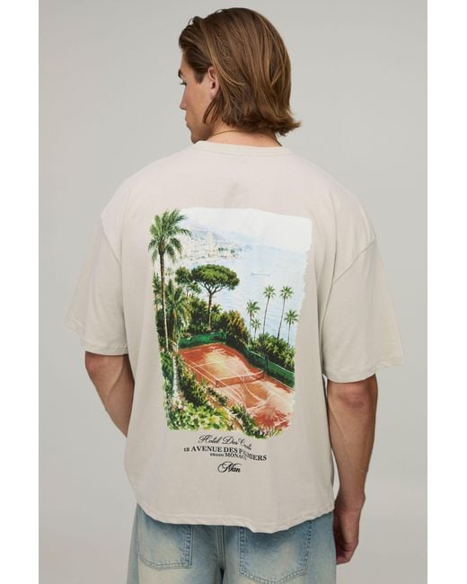 BoohooMAN Gray Oversized Boxy Script Tennis Court Print T-Shirt for men