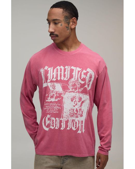 BoohooMAN Pink Washed Regular Renaissance Print Long Sleeve T-Shirt Cotton for men