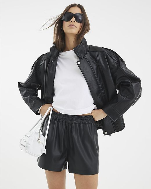 River Island Black Shorts Elasticated Faux Leather