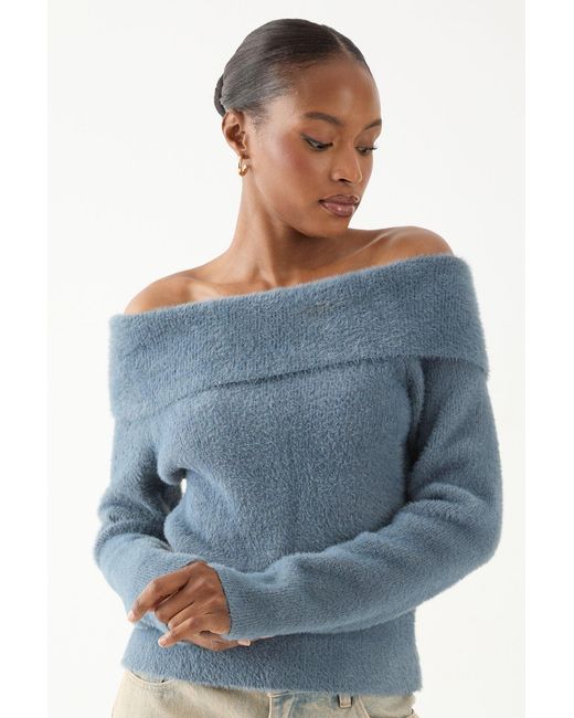 MissPap Blue Eyelash Knit Fold Over Detail Top