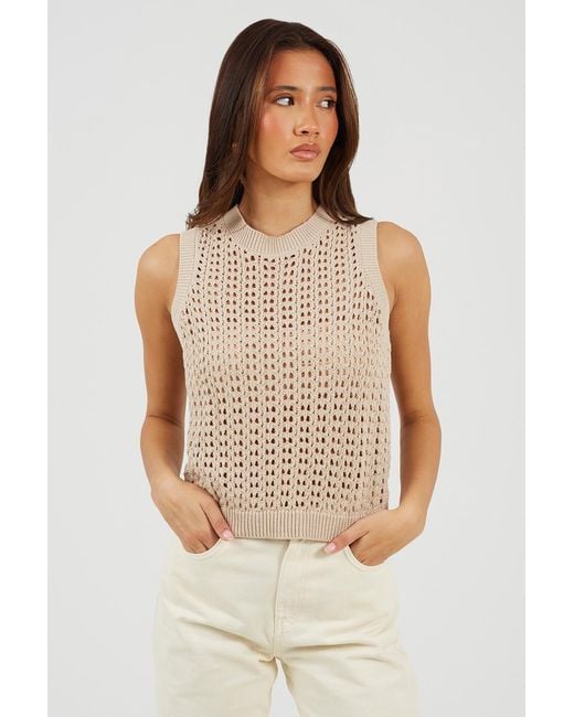 Brave Soul Natural Crew Neck Open Stitch Knitted Vest