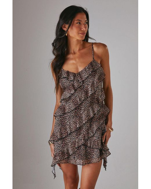 Warehouse Brown Chiffon Ruffle Strappy Mini Dress